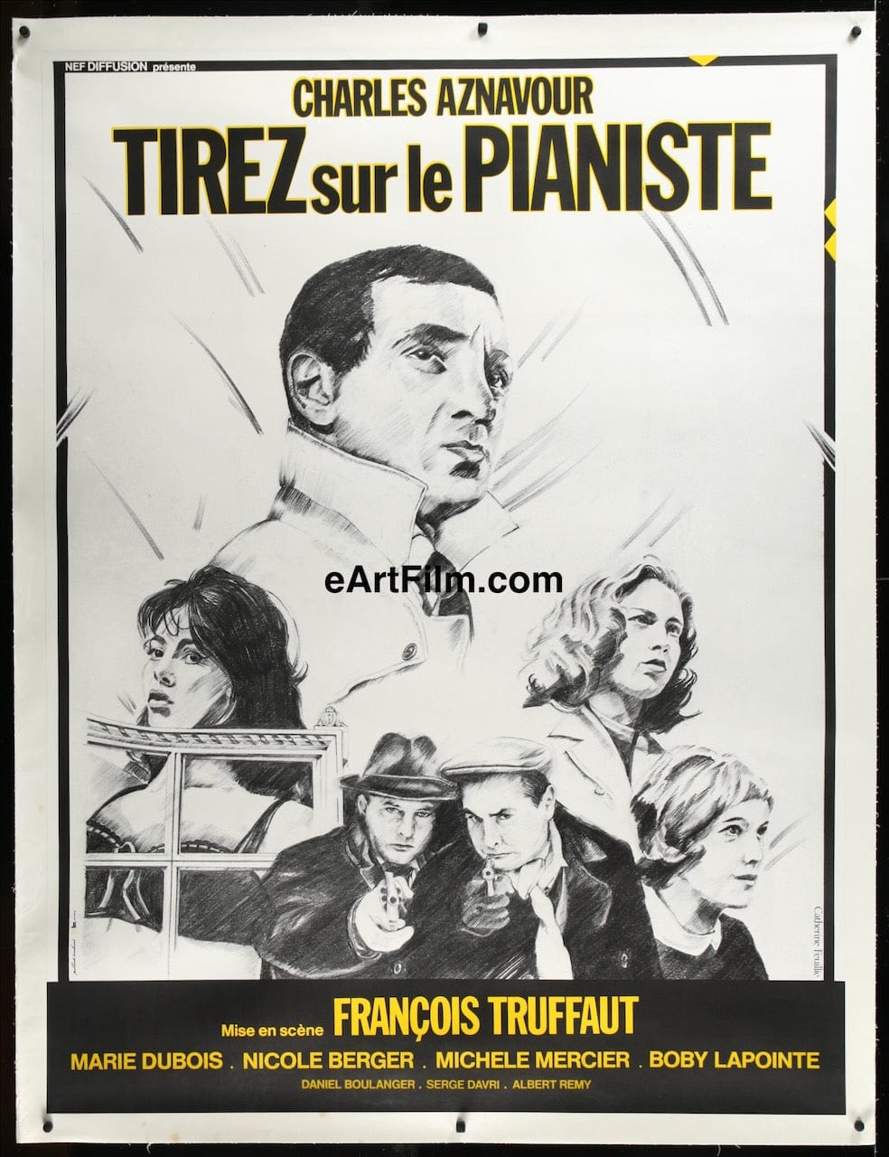eArtFilm.com Original Movie Poster Shoot The Piano Player R70s 46x61 Francois Truffaut Charles Aznavour film noir linenbacked