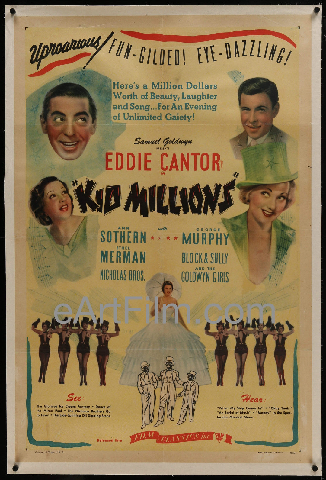 eArtFilm.com U.S One Sheet (27"x41") Linen Backed Kid Millions-Eddie Cantor-Ethel Merman-Ann Southern-R1944-linenbacked-musical