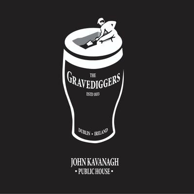 Pint glass with 'The Gravediggers' logo and text on a black background