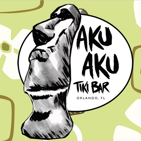 Tiki bar logo with a stylized face and 'AKU AKU Tiki Bar' text on a light green background.