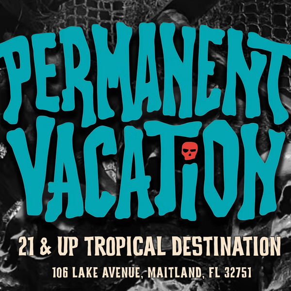 Promotional poster for 'Permanent Vacation' event with blue text and tropical theme.