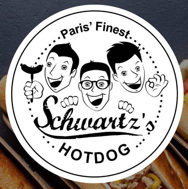 Circular logo for Schwartz's Hotdog with cartoon characters on a dark background