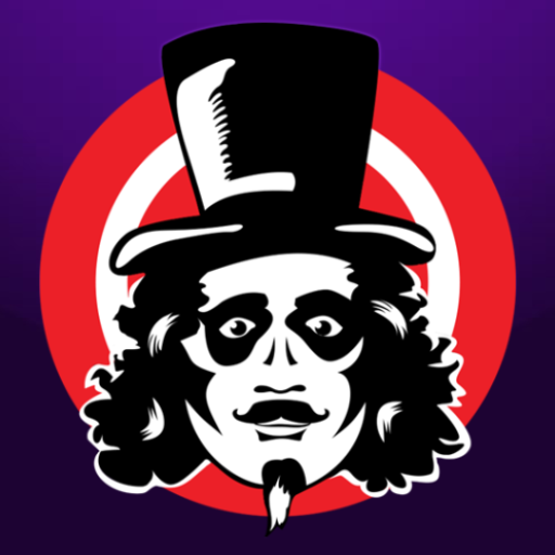 Illustration of a character with a top hat and monocle against a red and purple circular background