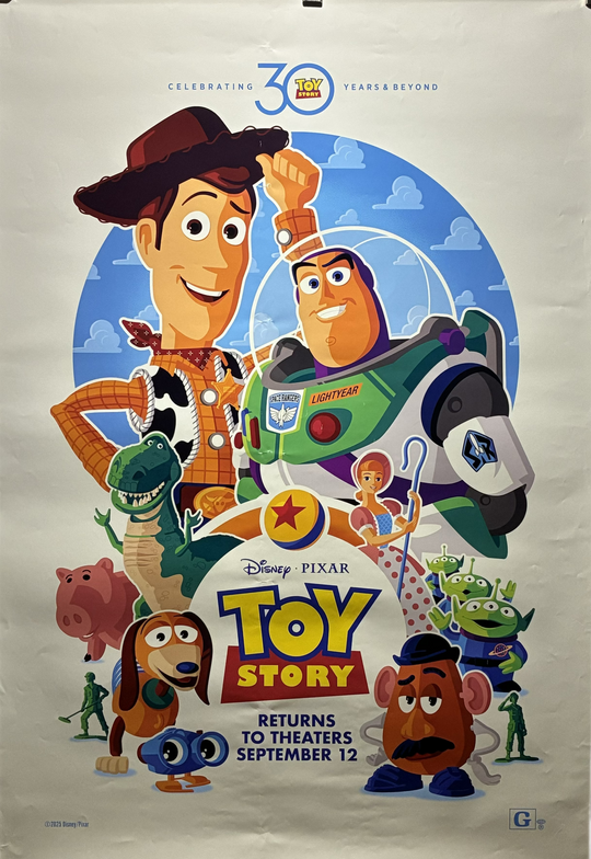 Theatrical release poster for Toy Story celebrating 30 years, featuring Woody, Buzz Lightyear, and other characters. eArtFilm