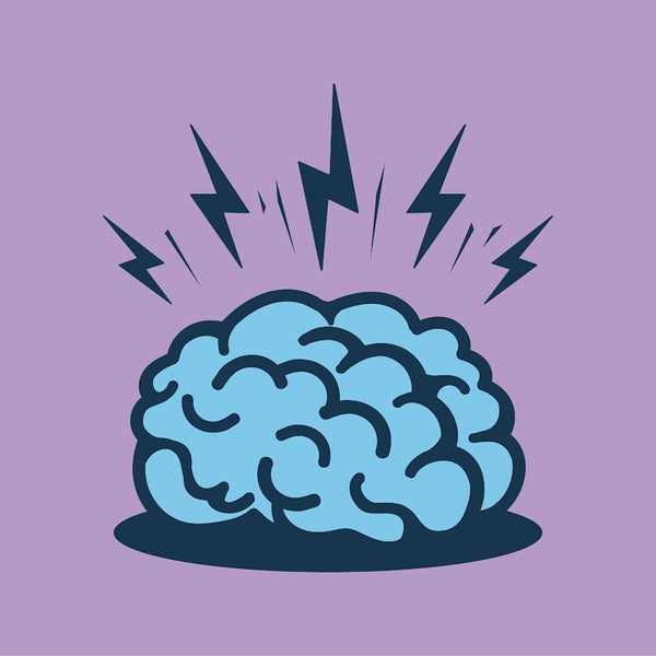 Illustration of a brain with lightning bolts on a purple background