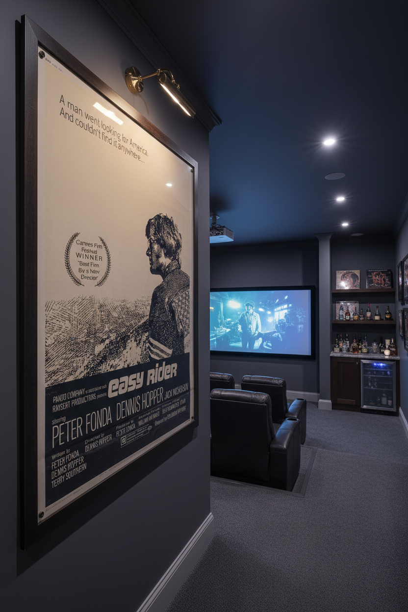 Easy Rider poster in active home theater from corner angle - landscape