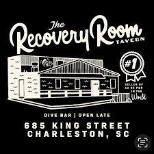 Logo of The Recovery Room Tavern with building illustration and text details.