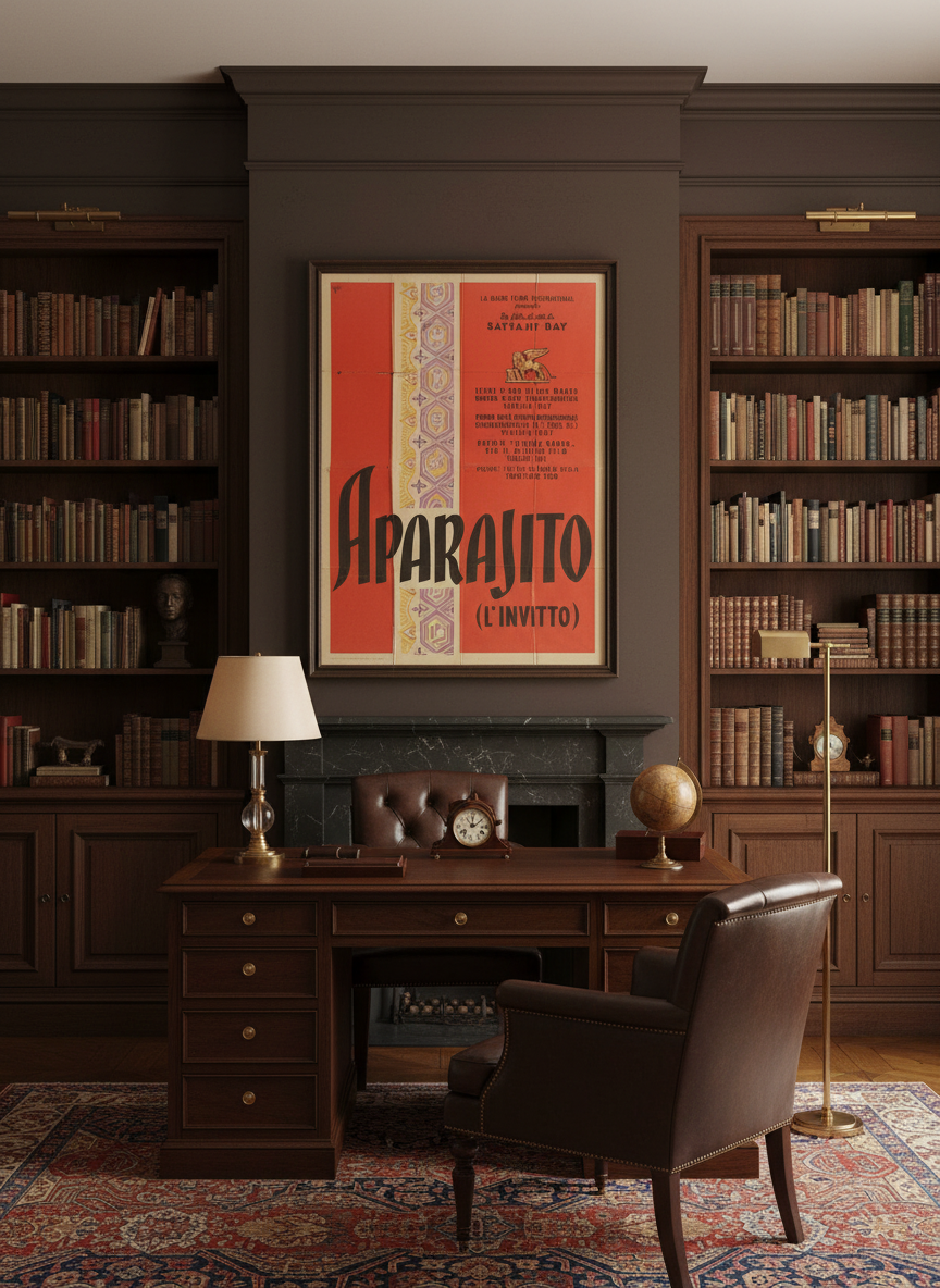Red Aparajito poster in masculine study - landscape