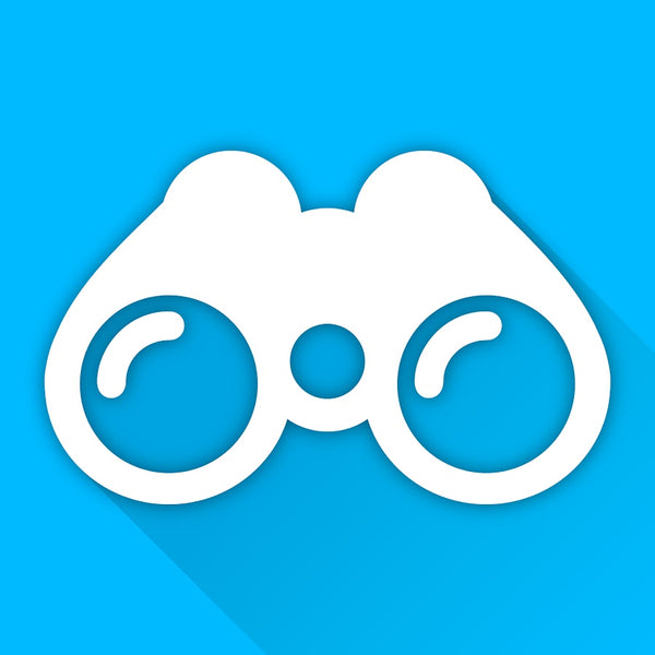 Mickey Views white icon resembling binoculars on a blue background