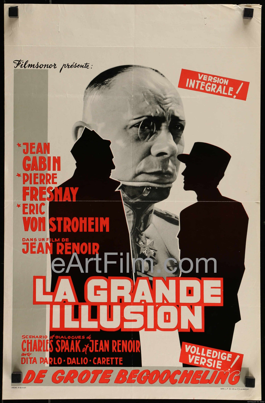 eArtFilm.com Belgian (14.25"x21.50") Grand Illusion-Jean Renoir-Eric Von Stroheim-Jean Gabin-RARE-R1950's-14x21
