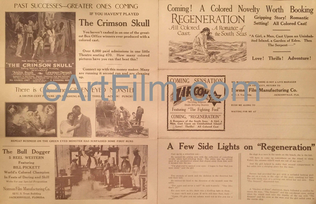 eArtFilm.com Promo Brochure (11"x17") 2 sided Bull-Dogger-Crimson Skull-Regeneration-Green Eyed Monster-Zircon-1920's-11x17-black