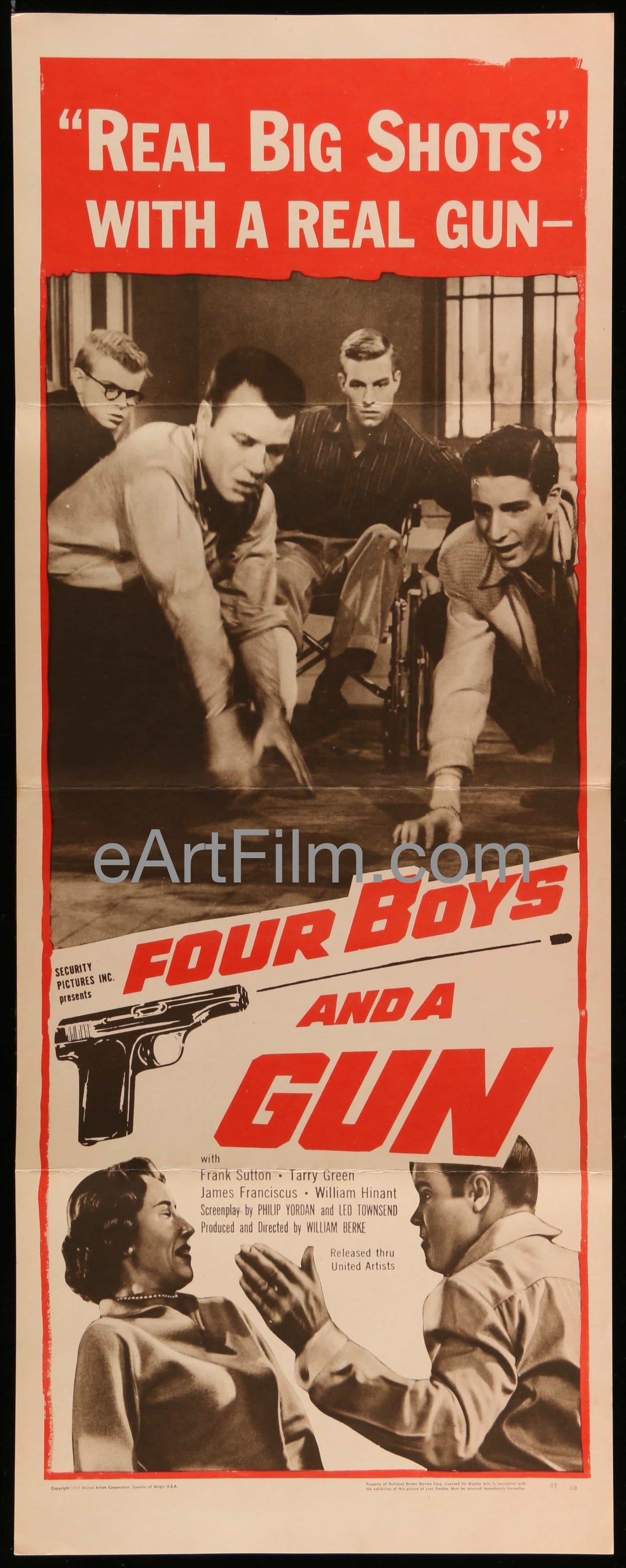 eArtFilm.com U.S Insert Poster (14"x36") Four Boys & A Gun-Frank Sutton-James Franciscus-teen crime-1957-27x41