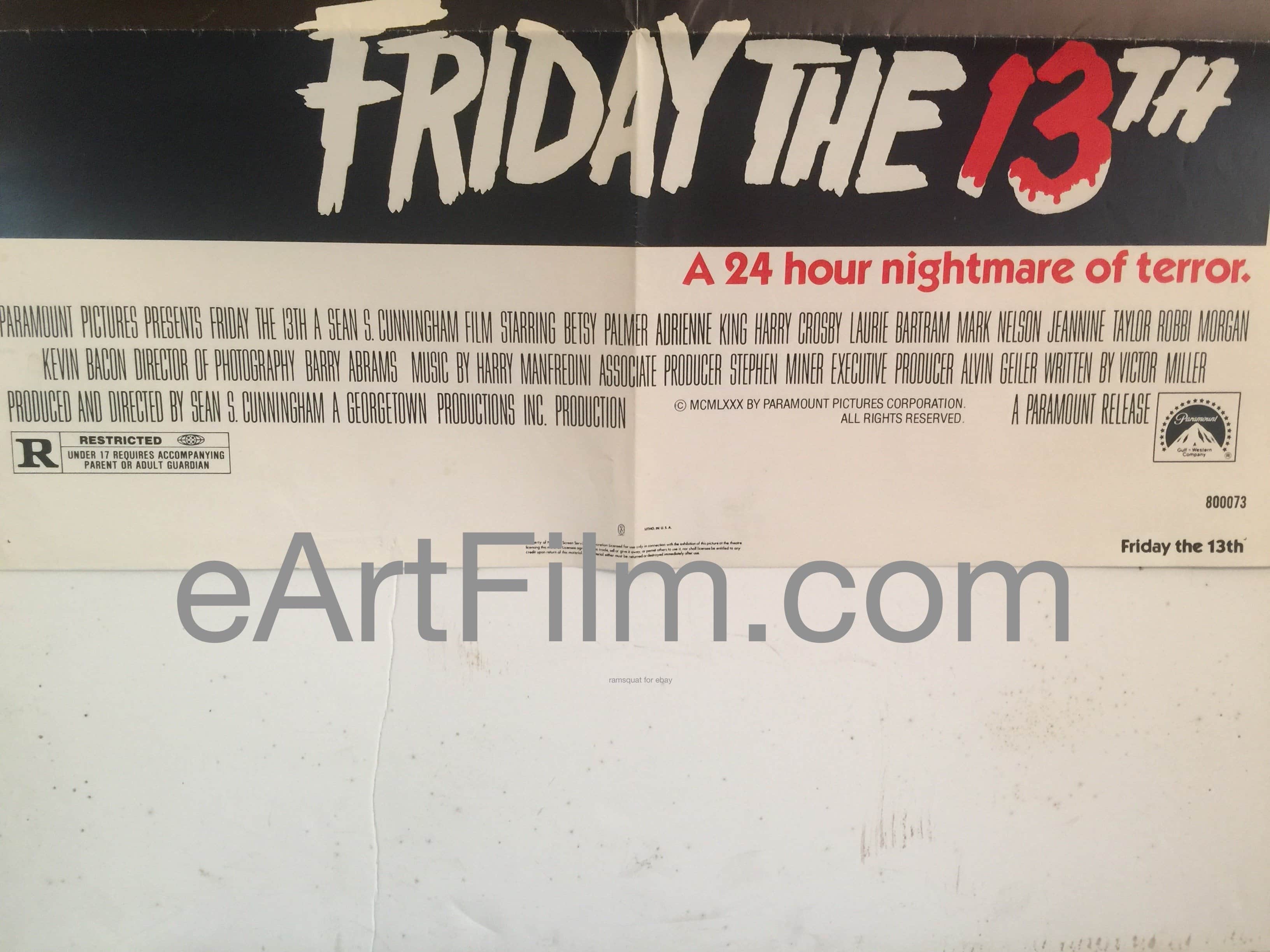eArtFilm.com U.S One Sheet (27"x41") Friday the 13th-Sean S Cunningham-Betsy Palmer-Kevin Bacon-1980-27x41-Horror!