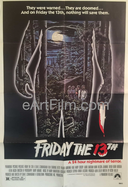 eArtFilm.com U.S One Sheet (27"x41") Friday the 13th-Sean S Cunningham-Betsy Palmer-Kevin Bacon-1980-27x41-Horror!