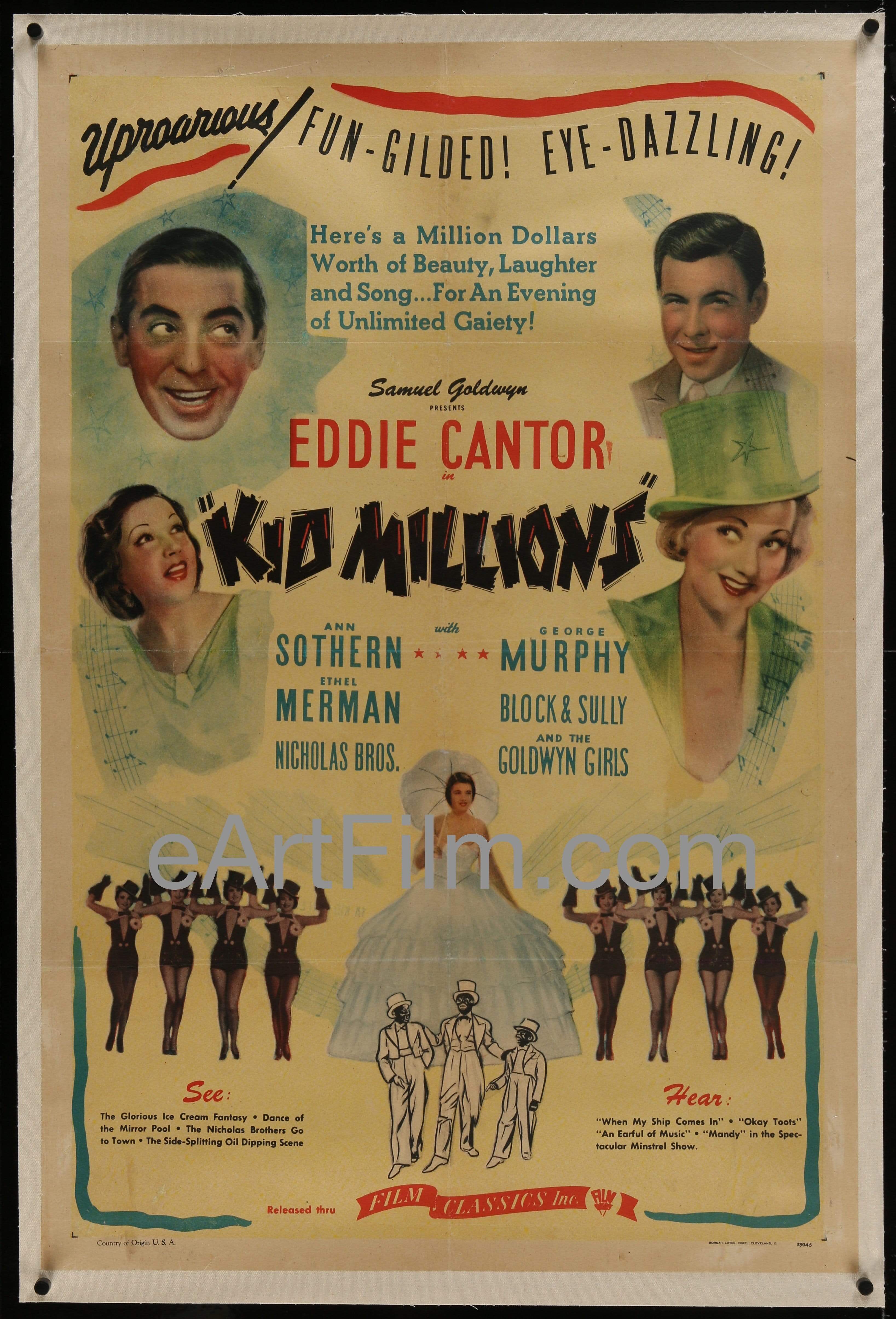 eArtFilm.com U.S One Sheet (27"x41") Linen Backed Kid Millions-Eddie Cantor-Ethel Merman-Ann Southern-R1944-linenbacked-musical