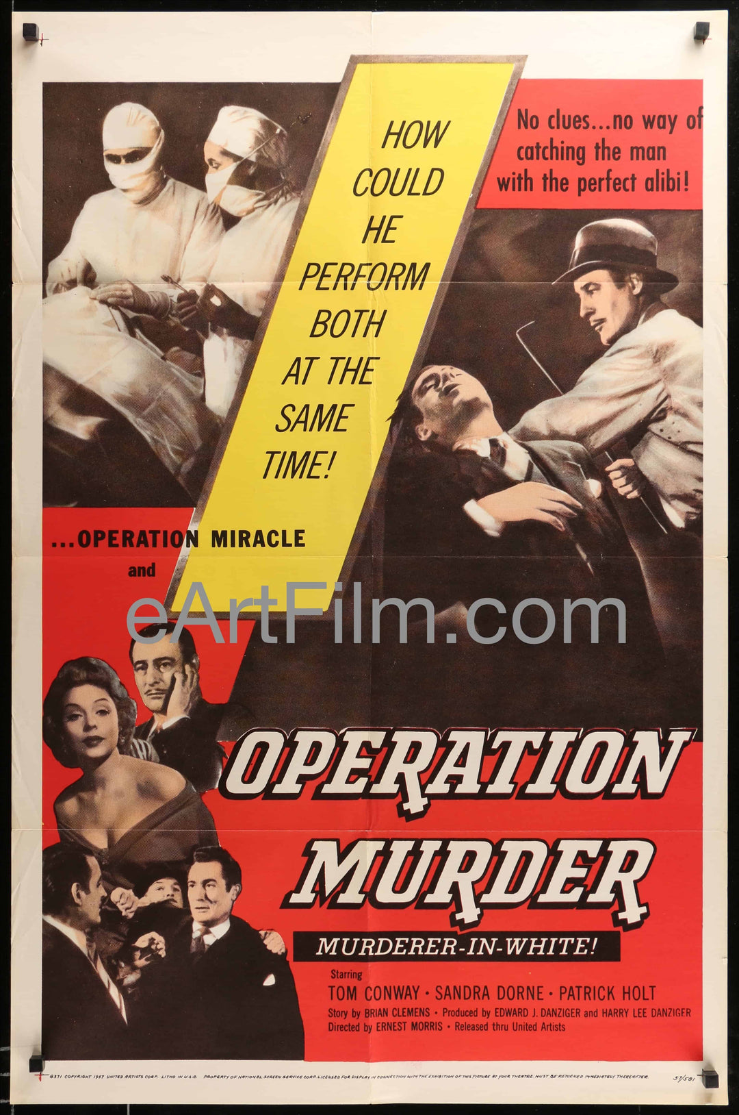 eArtFilm.com U.S One Sheet (27"x41") Operation Murder-Tom Conway-Sandra Dorne-Killer Surgeon Thriller-1957-27x41