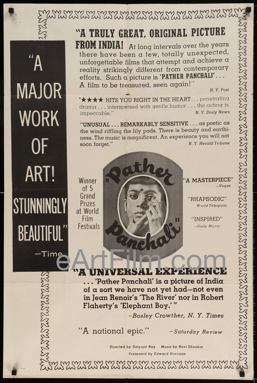 eArtFilm.com U.S One Sheet (27"x41") Pather Panchali-Satyajit Ray classic-Kanu Bannerjee-Karuna Bannerjee-1958-27x41