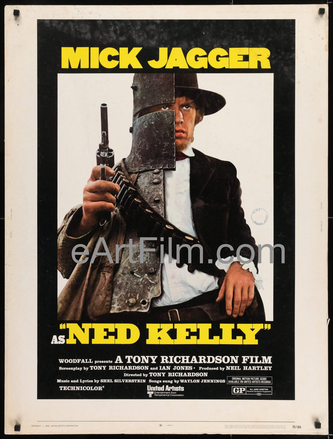 eArtFilm.com U.S One Sheet (30"x40")-Unfolded Ned Kelly-Mick Jagger-Rare Unfolded 30"x40"-Music by Waylon Jennings-1970
