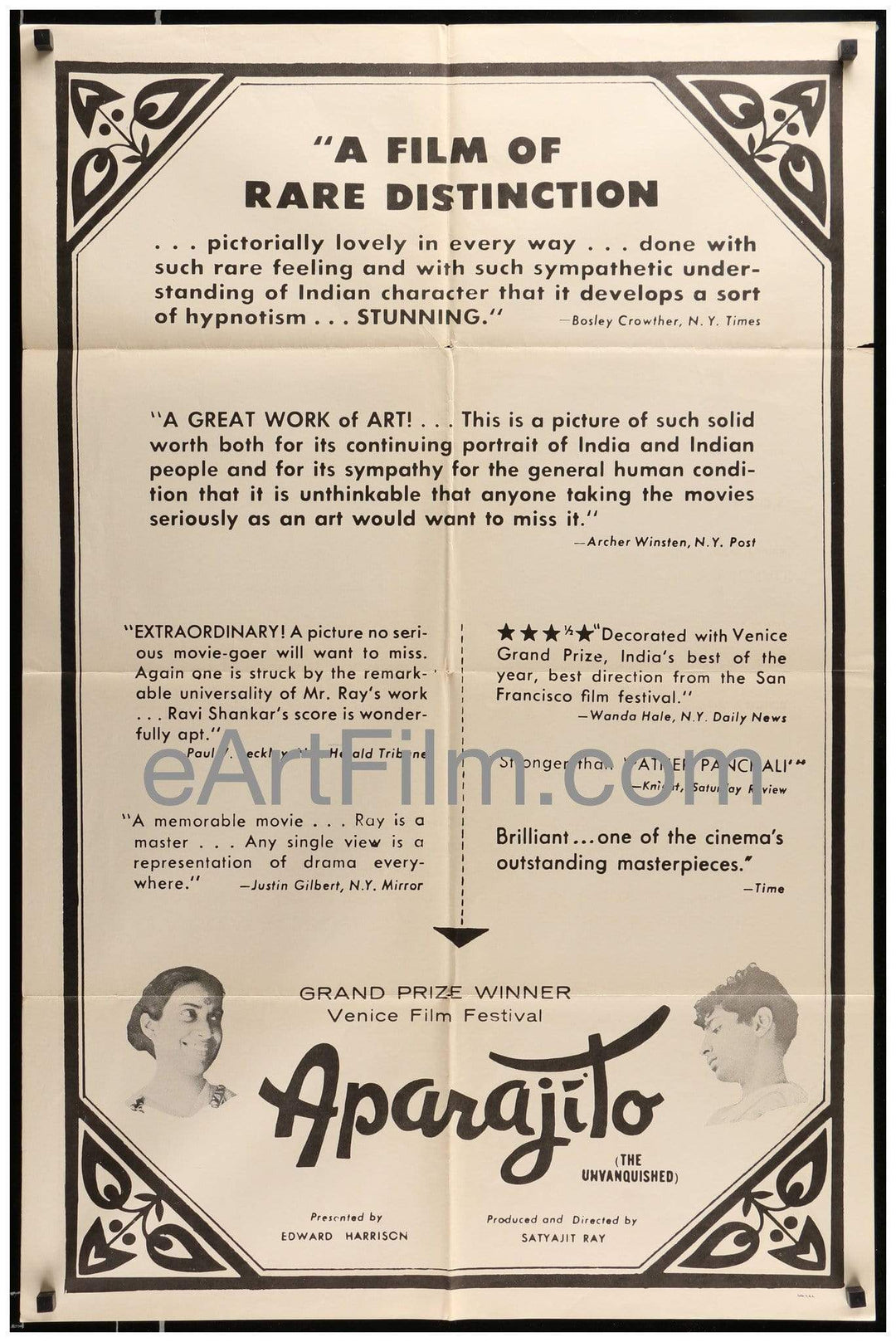 eArtFilm.com U.S Release One Sheet (27"x41")-Original-Vintage-Movie-Poster Aparajito vintage movie poster Satyajit Ray APU Trilogy 1959 27x41