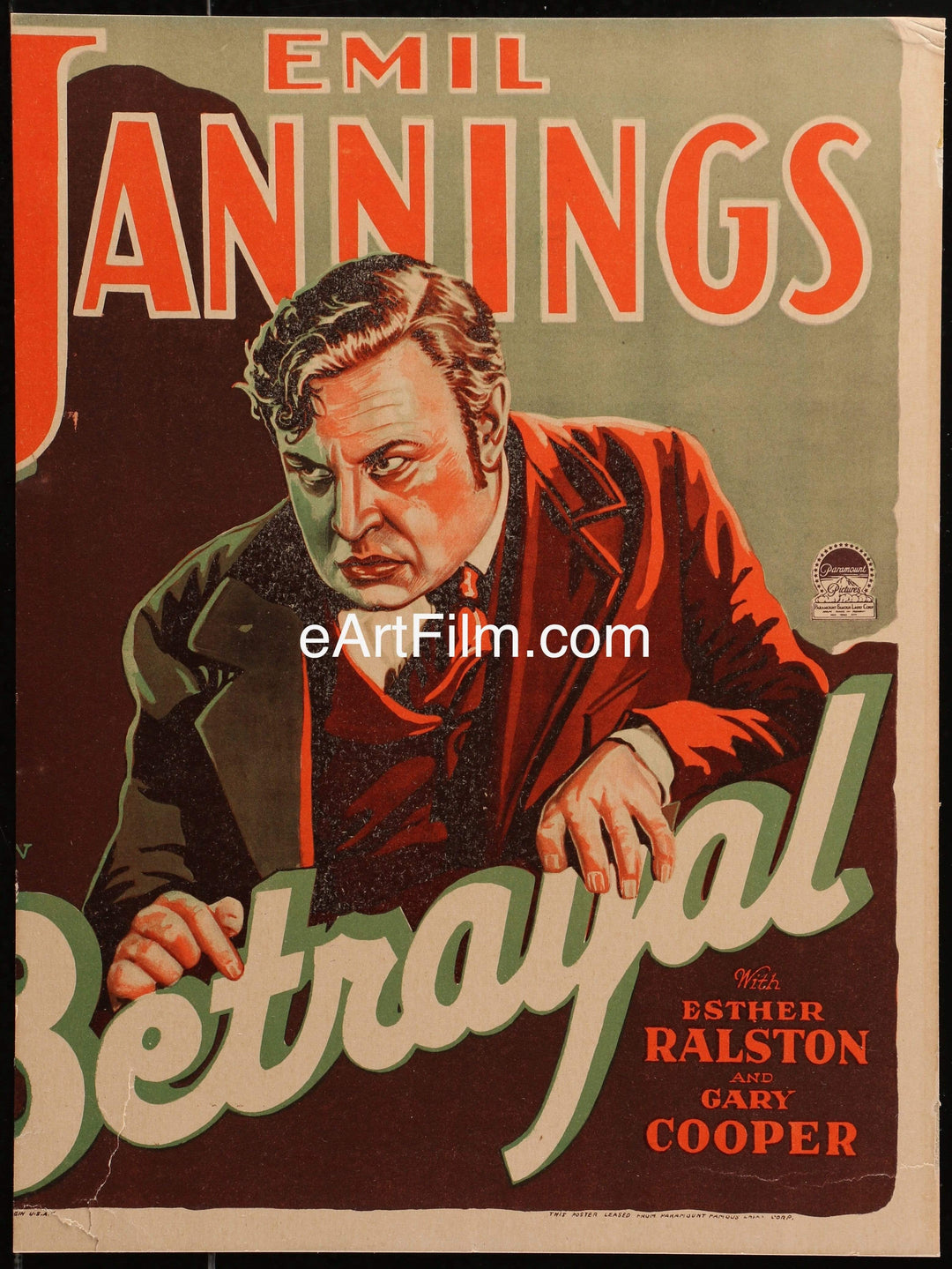 eArtFilm.com U.S Window Card (12x16") Betrayal 1929 Emil Jannings Gary Cooper 12x16 trimmed WC rare
